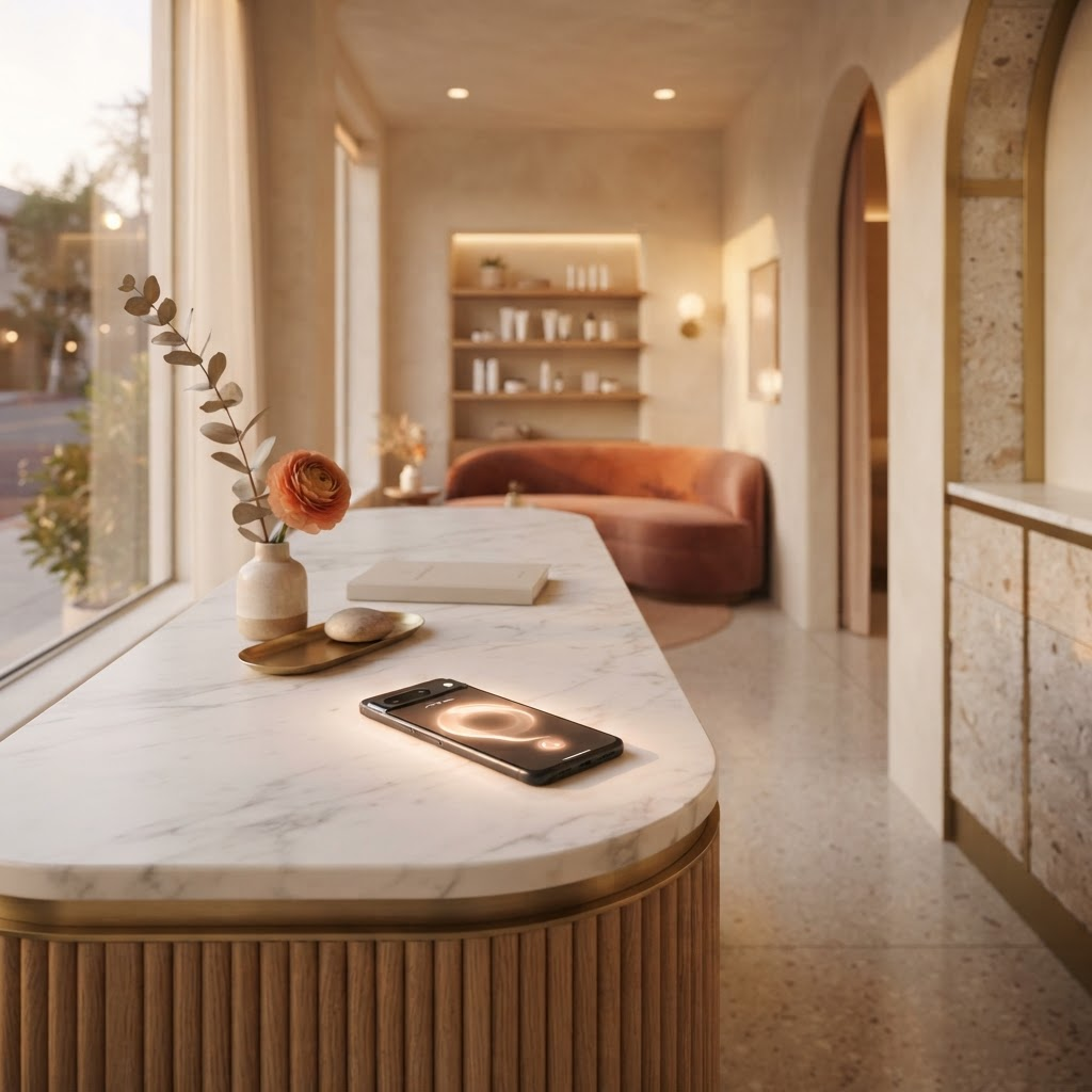 A phone on a business counter being answered automatically by KOI's AI concierge