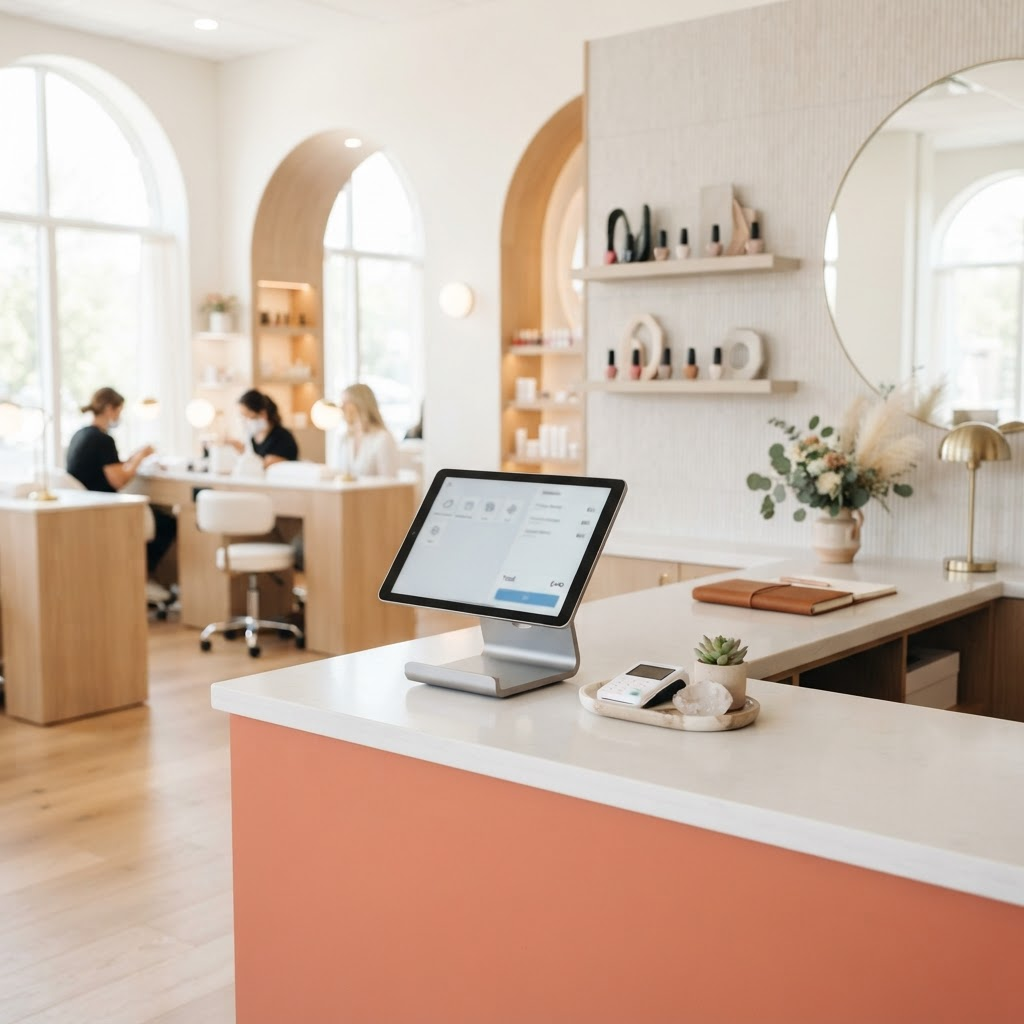 A modern business front counter with the KOI POS checkout on a tablet